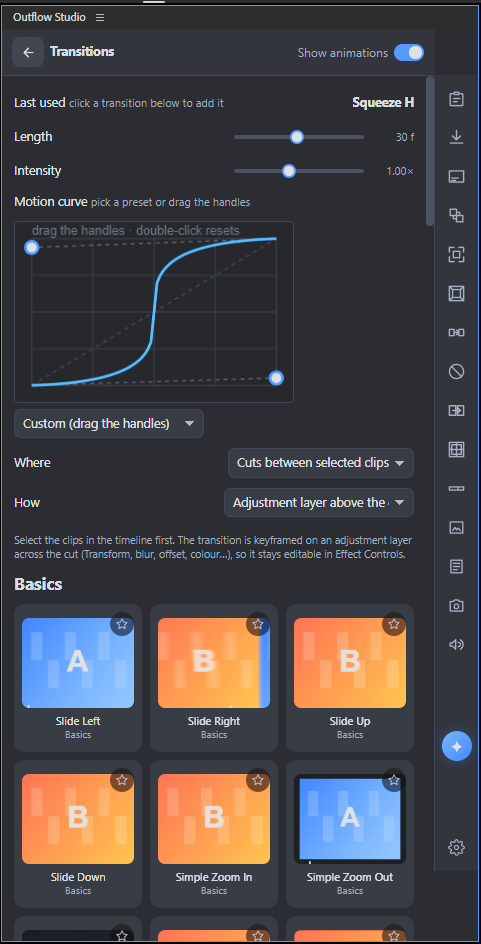 Outflow Studio panel: transitions with the motion curve editor